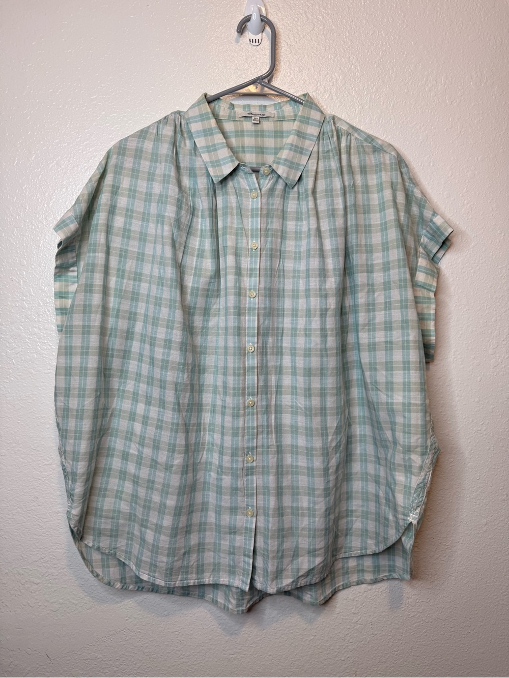 Madewell Pale Blue Plaid Button Front Top Short Cuffed Sleeves Size XXL Coastal